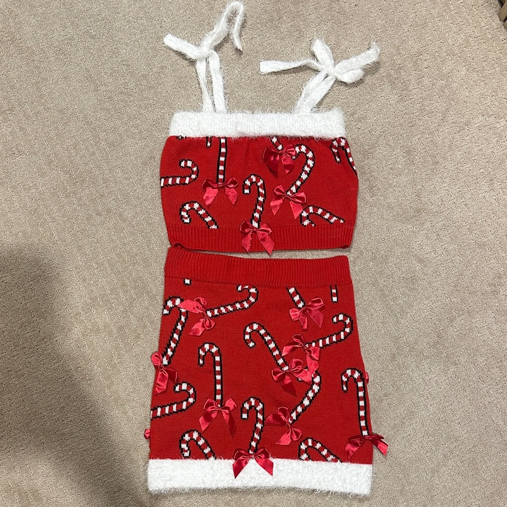 Red Candy Cane Skirt Set w Bows NWOT